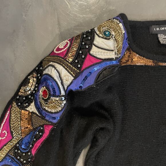 Vintage IB Diffusion Sweater Sequin Silk Angora Women Size S Black Beaded Long - Picture 3 of 8